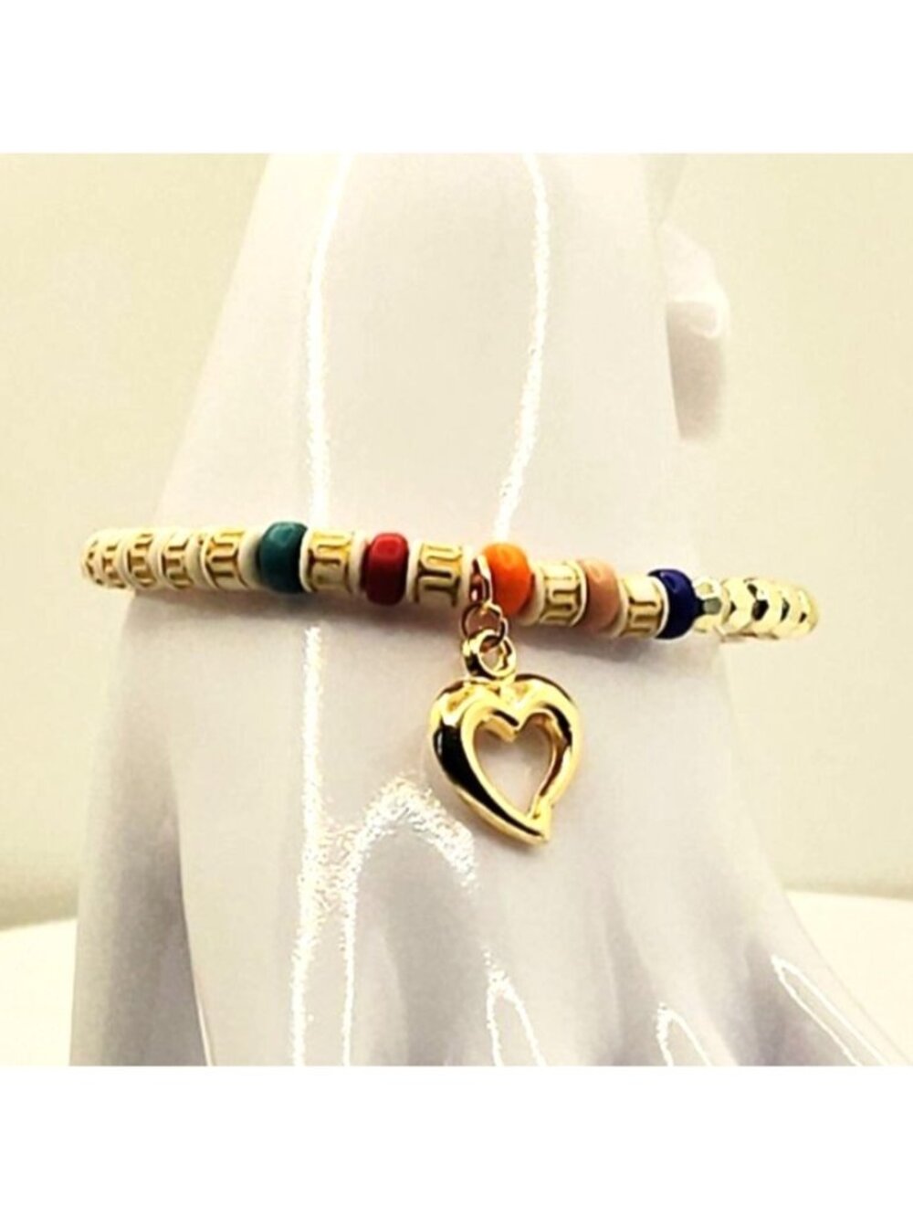 Boho Heart Bracelet, Colorful Beaded Stretch Bracelet, Minimalist Heart Charm